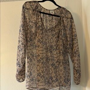 CAbi Cream and Brown Graphic 3/4 Sleeve Blouse